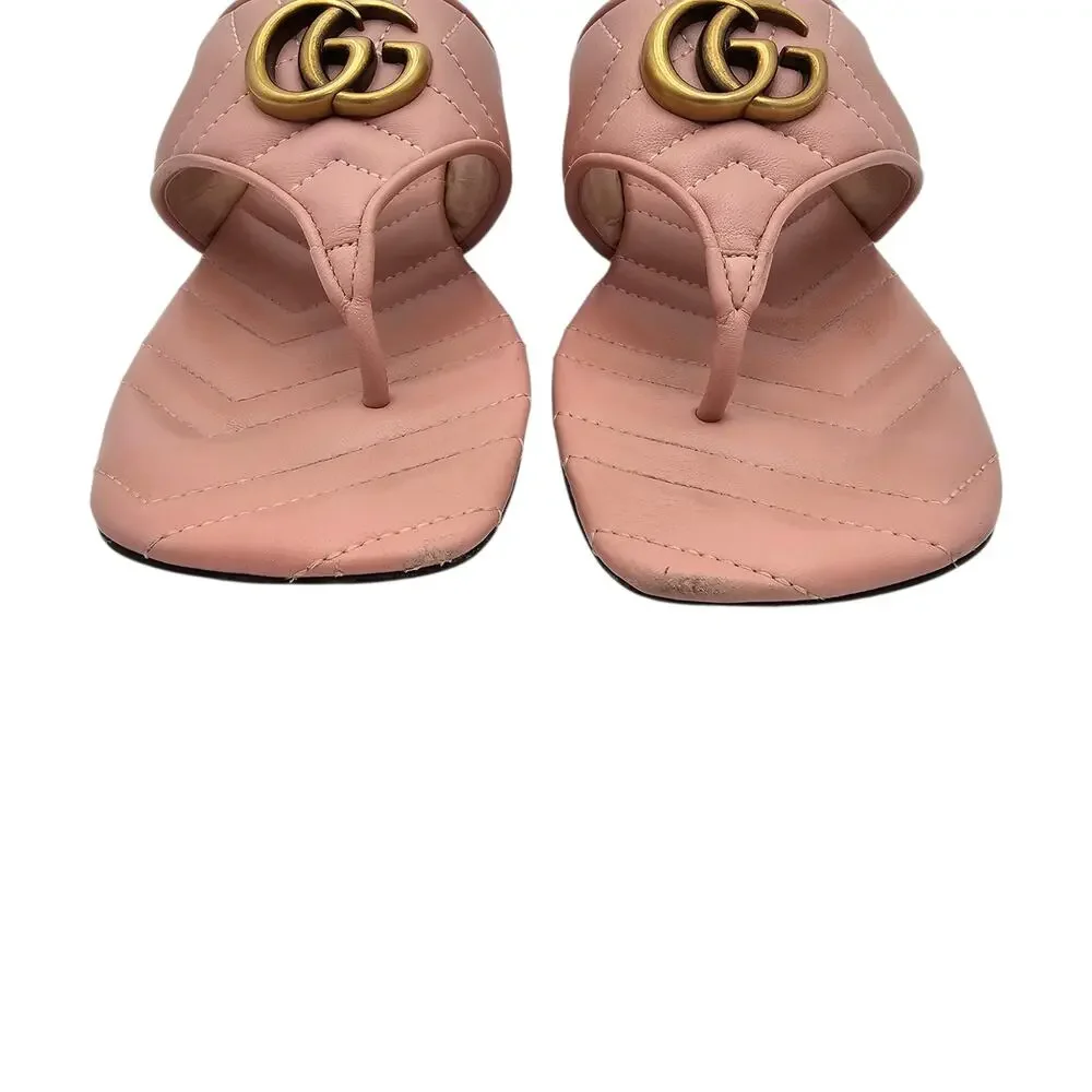 Gucci GG Marmont Flat Thong Sandal Pink Quilted Leather Gold Square Size 37 US 7